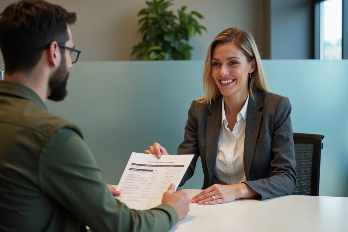 Conseillère bancaire présentant des options de crédit immobilier à un client dans une agence moderne