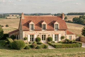 Maison individuelle traditionnelle construite dans l'Indre, avec jardin aménagé et paysage berrichon en arrière-plan