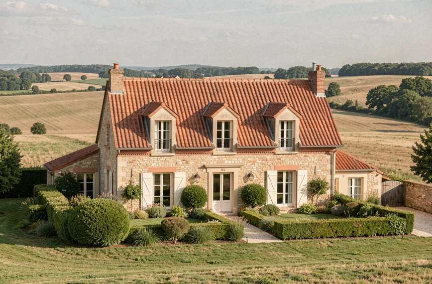 Maison individuelle traditionnelle construite dans l'Indre, avec jardin aménagé et paysage berrichon en arrière-plan