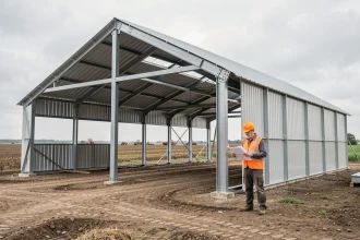 Hangar agricole en acier en cours de construction avec charpente métallique apparente et ouvrier examinant des plans sur un chantier rural