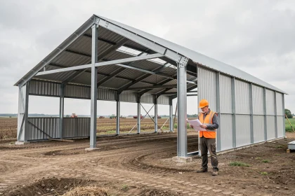 Hangar agricole en acier en cours de construction avec charpente métallique apparente et ouvrier examinant des plans sur un chantier rural