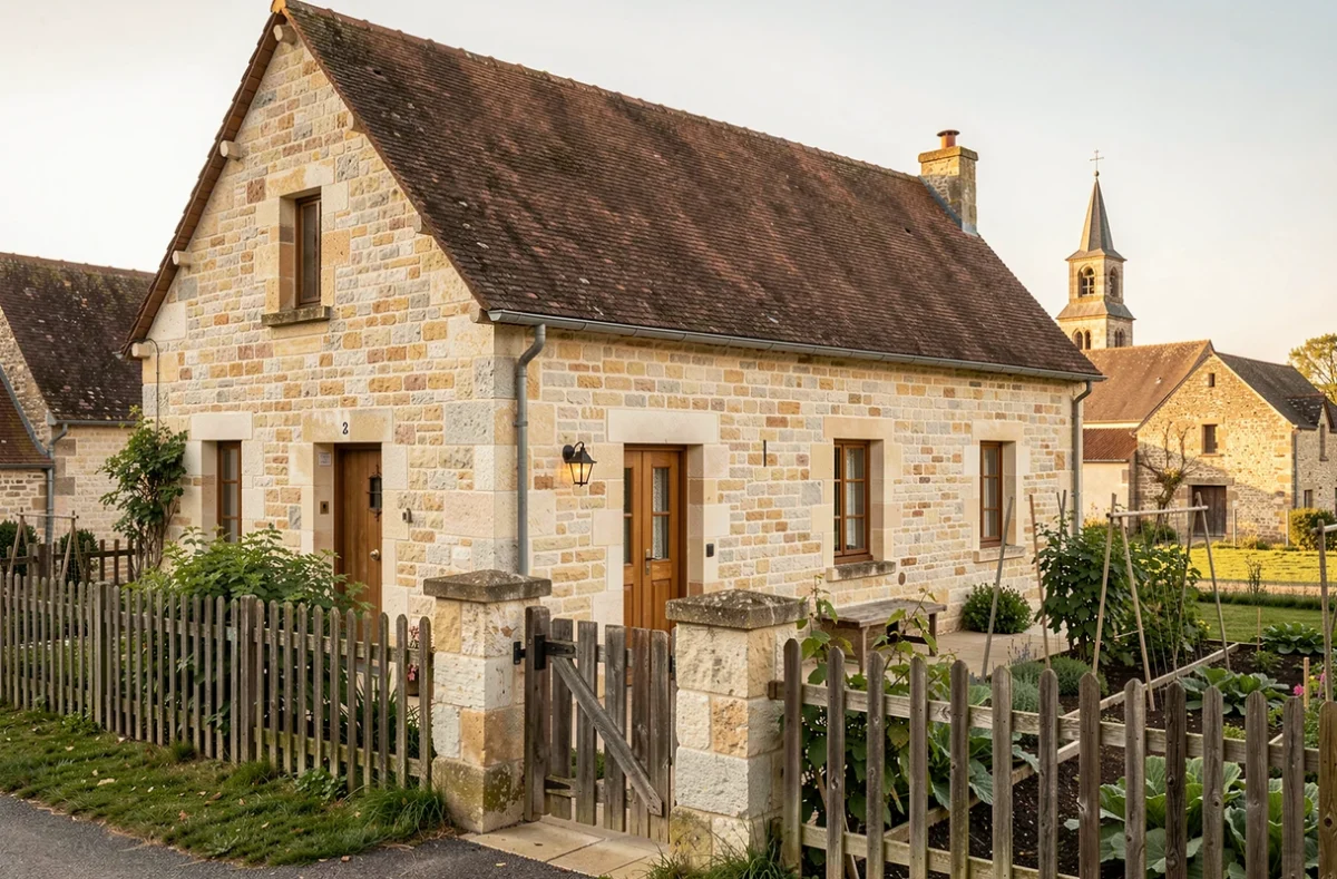 Maison des Constructions Berrichonnes en calcaire régional avec toit brun et jardin potager dans un village du Berry
