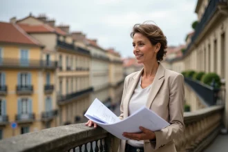 Femme consultante immobilière sur un balcon haussmannien à Lyon analysant des plans d'appartements avec vue sur les toits de la ville