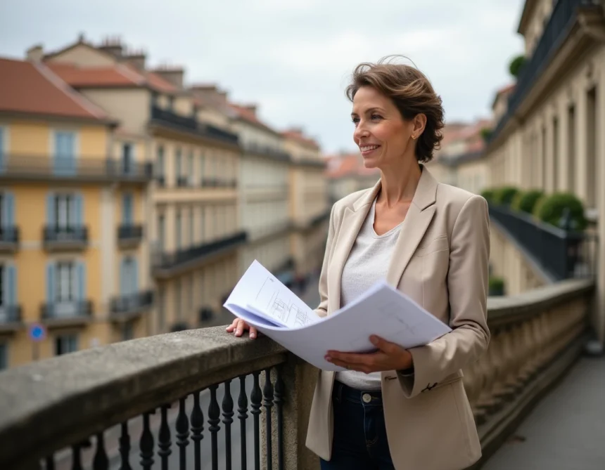 Femme consultante immobilière sur un balcon haussmannien à Lyon analysant des plans d'appartements avec vue sur les toits de la ville