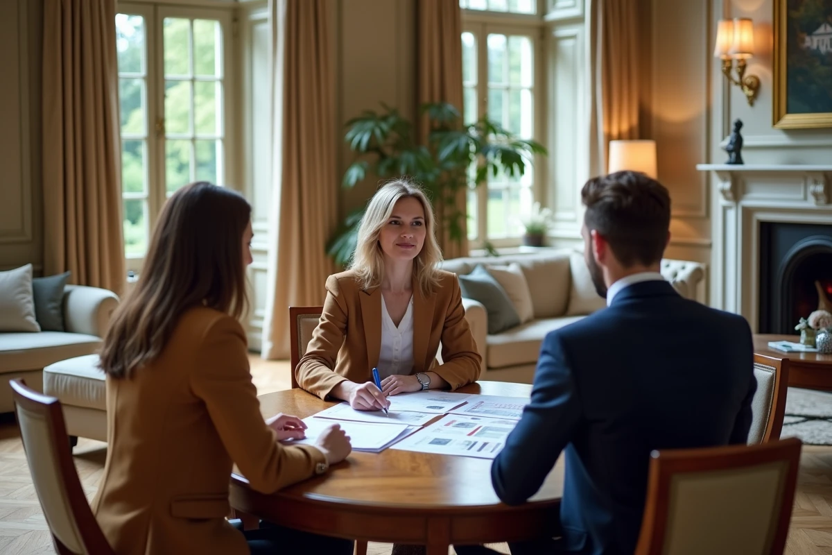 Consultante immobilière présentant un rapport d'estimation prestige à un couple dans un salon luxueux avec parquet et cheminée en marbre