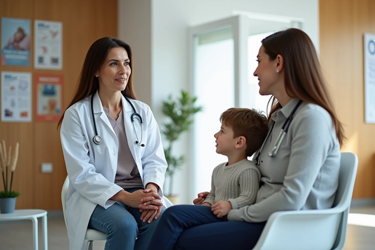 Médecin andorrane en consultation avec une mère et son enfant dans une clinique moderne