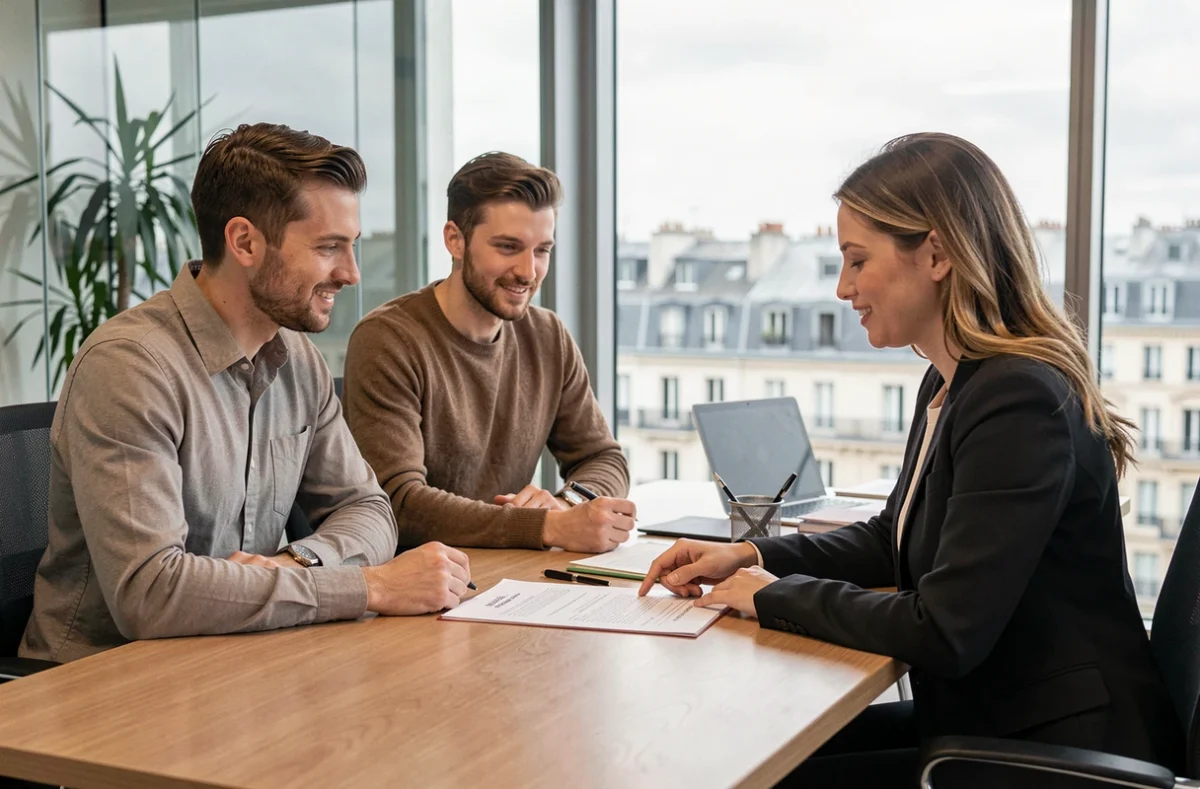 Couple consultant une notaire autour d'un rapport d'estimation immobilière dans un bureau moderne avec vue urbaine