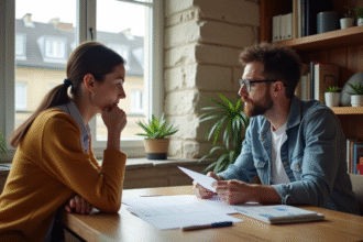 Couple discutant d'un contrat de location dans un appartement lumineux