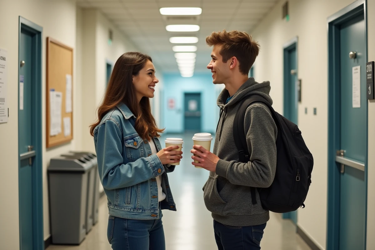 Deux étudiants discutant dans le couloir d'une résidence étudiante BIS, illustrant la vie communautaire et les espaces communs