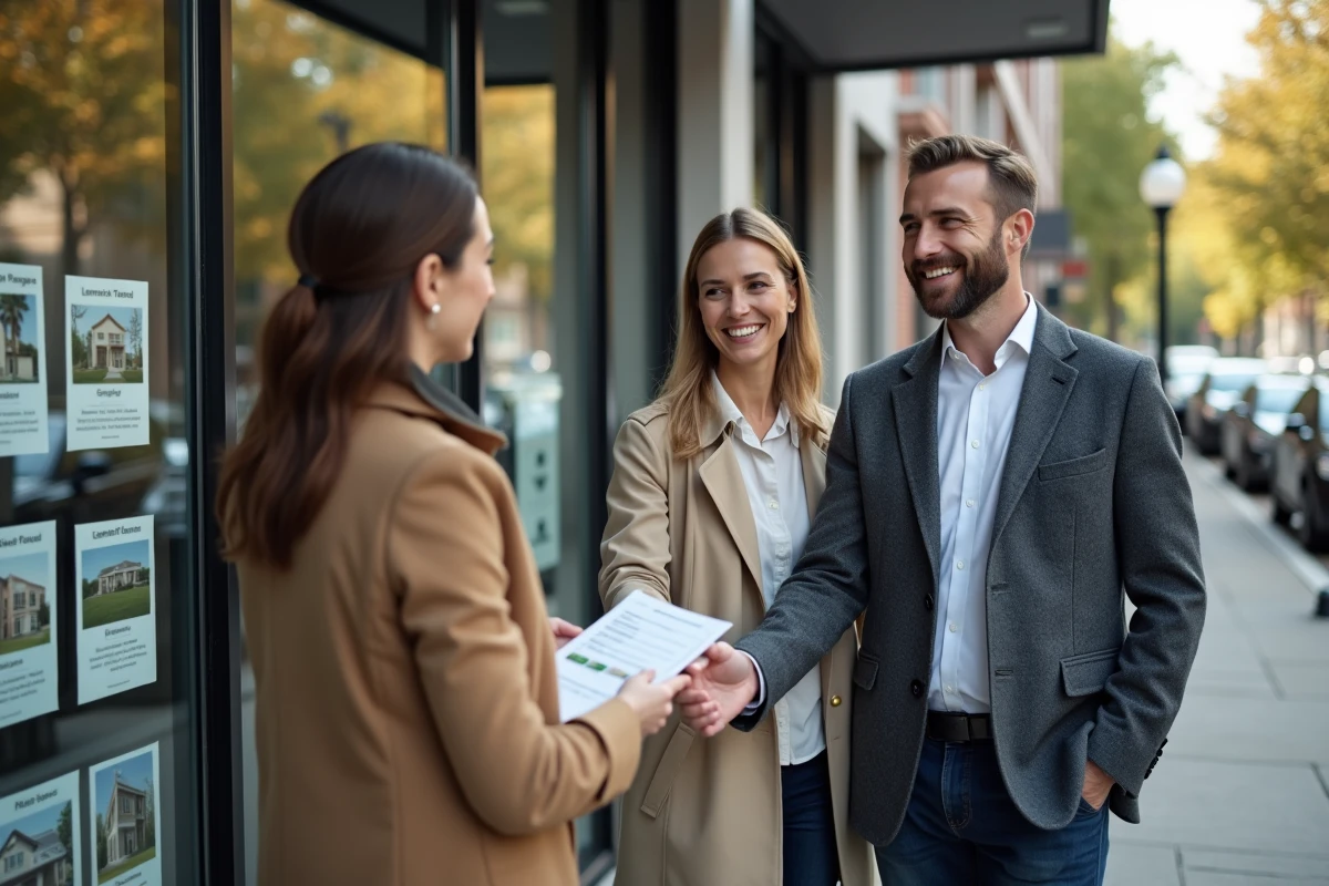 Couple signant un accord de prêt immobilier avec un agent devant une agence, illustrant le baromètre des meilleurs taux et de l'assurance emprunteur