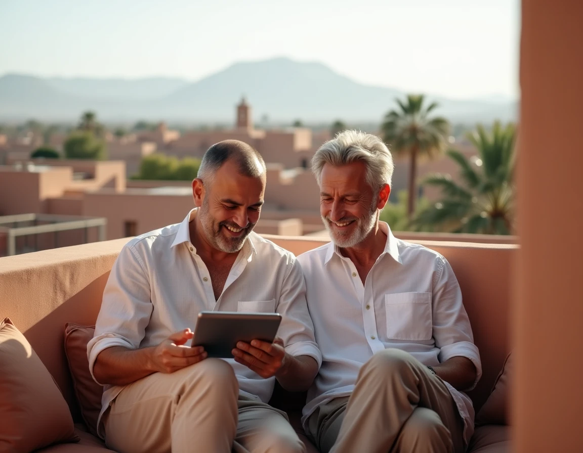 Couple européen sur la terrasse d'un riad à Marrakech consultant des plans pour l'achat d'une résidence secondaire familiale