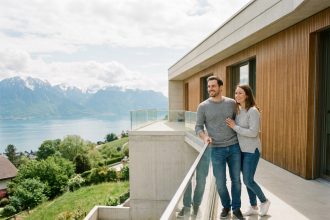 Couple sur le balcon d'un appartement neuf à Thonon-les-Bains avec vue panoramique sur le lac Léman et les Alpes