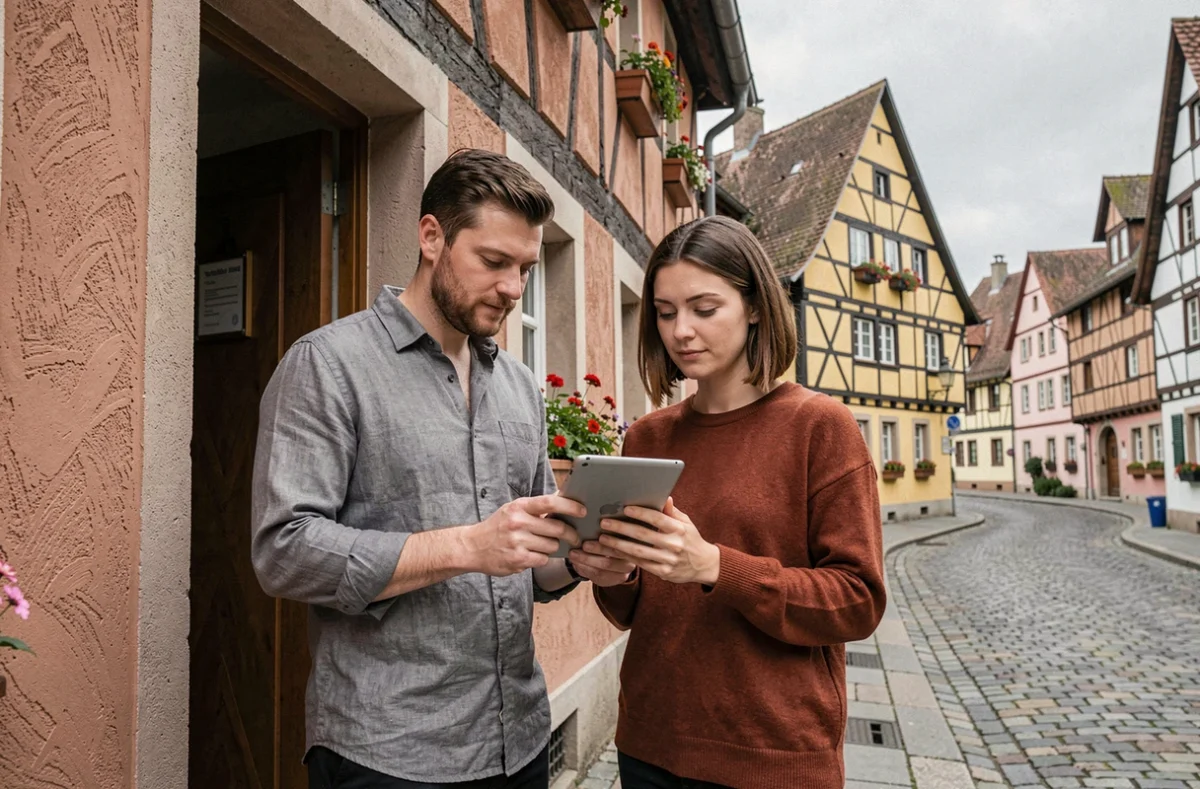 Couple comparant des offres d'assurance habitation devant une maison colombages à Colmar