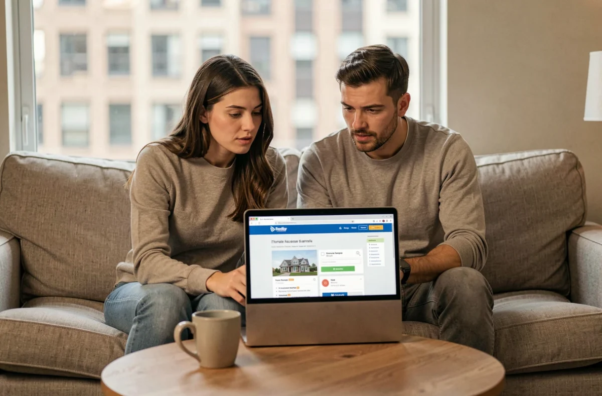Couple de locataires comparant des offres d'assurance habitation sur un ordinateur portable dans leur appartement