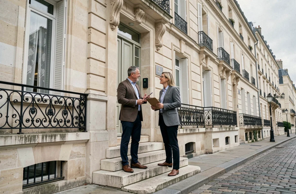 Couple discutant avec un conseiller en assurance habitation devant une maison à Reims