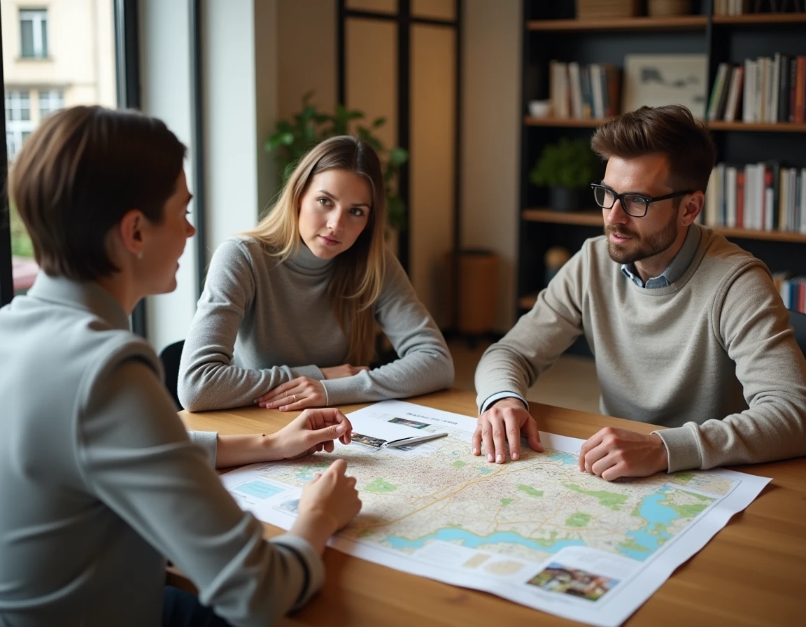 Couple en consultation avec un agent immobilier dans une agence lyonnaise étudiant une carte des quartiers de Lyon