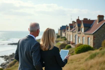 Couple regardant la côte normande depuis une falaise