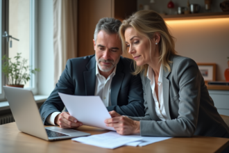 Couple français en cuisine examinant des papiers officiels