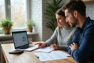 Couple examinant des documents de prêt immobilier de 200 000 euros sur une table en bois dans un appartement moderne