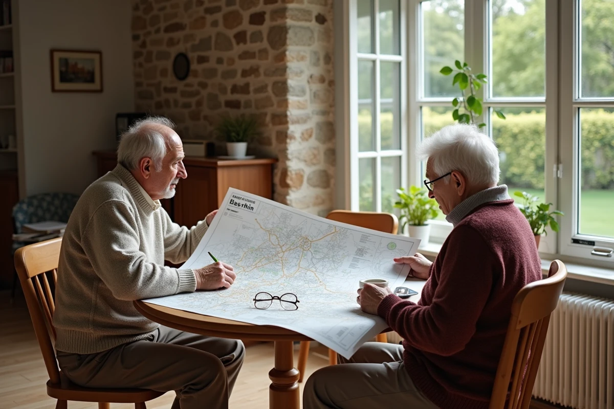 Couple âgé examinant une carte des quartiers de Bas Rhin