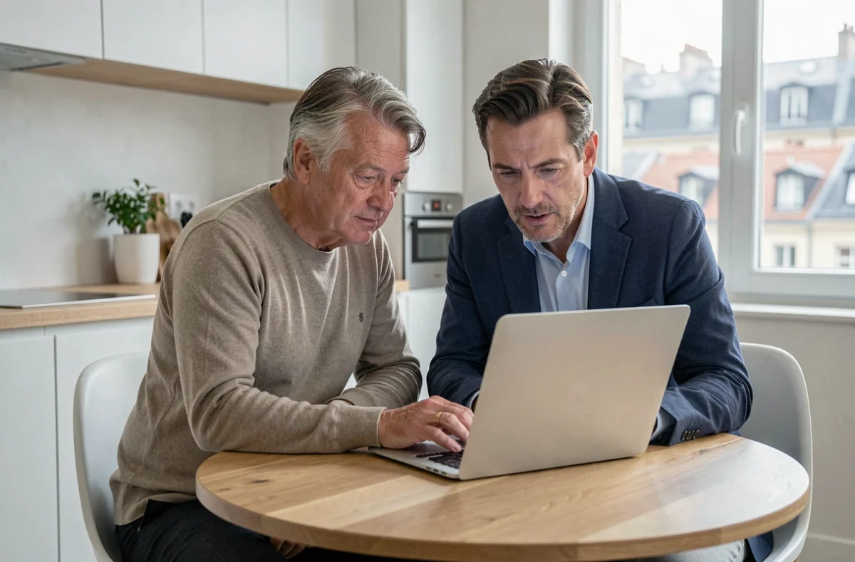 Couple consultant une estimation immobilière en ligne dans un appartement moderne à Lyon