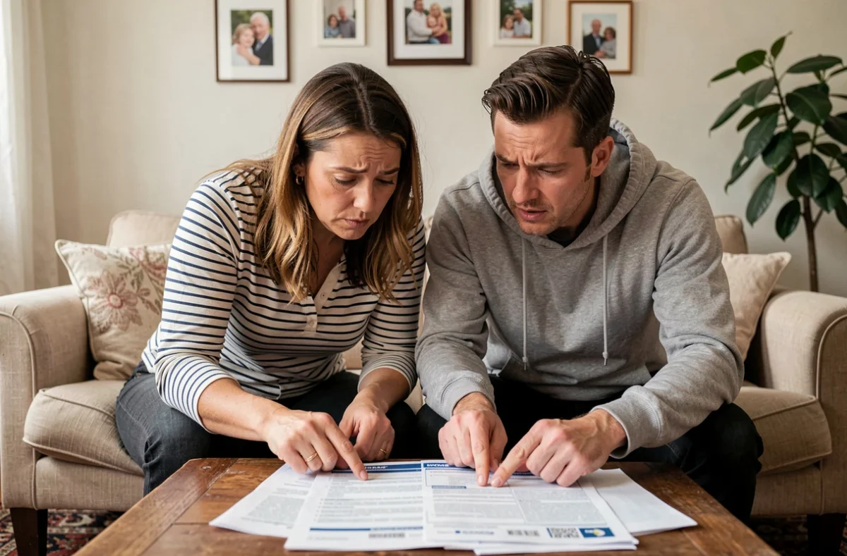 Couple étudiant les clauses de franchise d'un contrat d'assurance habitation ensemble sur leur canapé