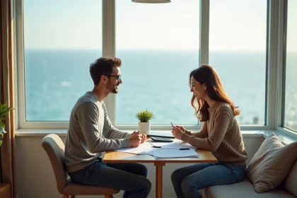 Jeune couple regardant des documents financiers avec vue mer