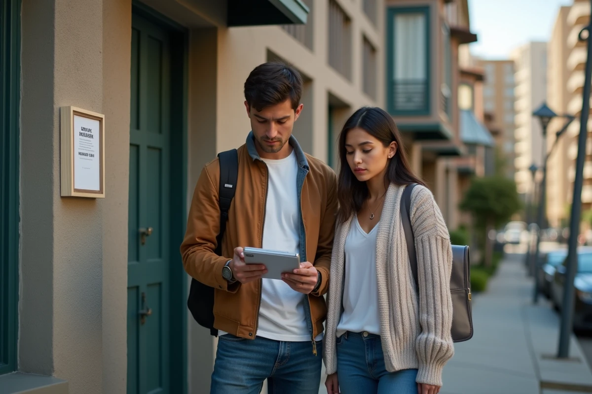Jeune couple lisant une affiche sur la hausse des loyers