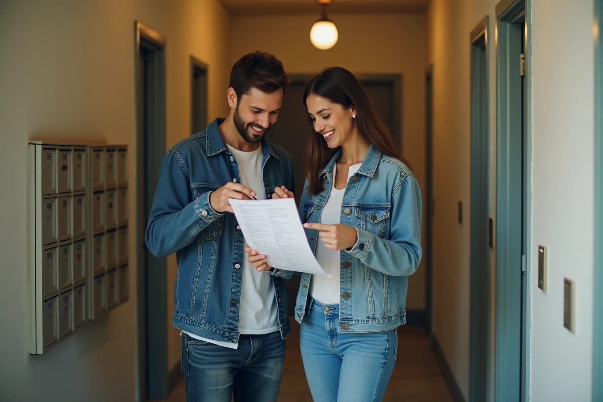 Couple de locataires consultant le formulaire APL bailleur dans le couloir de leur immeuble résidentiel