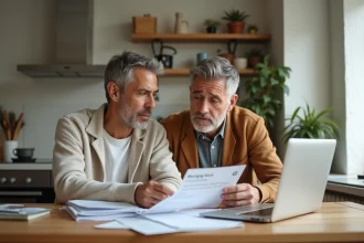 Couple en train d'examiner des documents de rachat de prêt immobilier sur une table en bois dans un appartement moderne