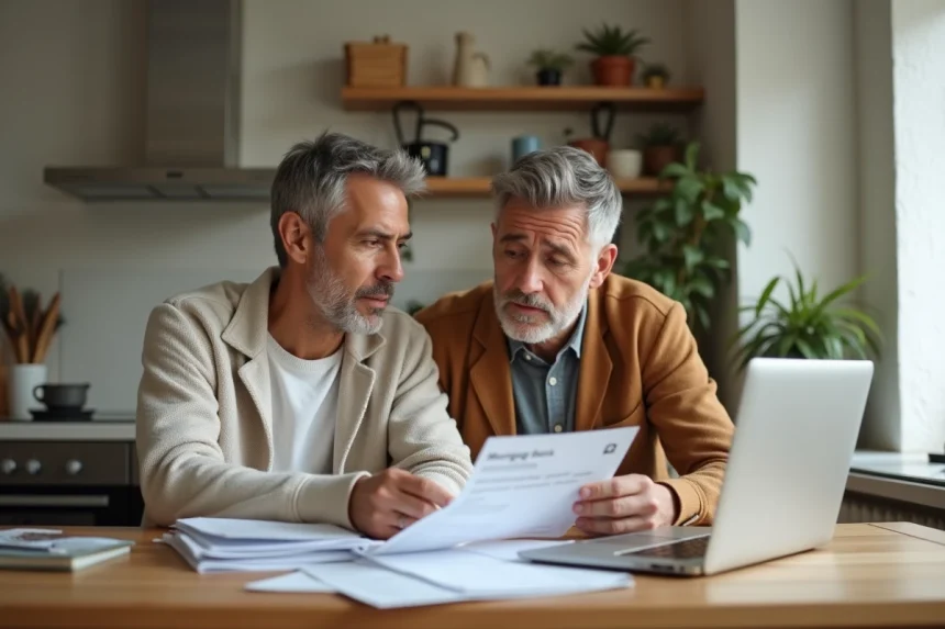 Couple en train d'examiner des documents de rachat de prêt immobilier sur une table en bois dans un appartement moderne