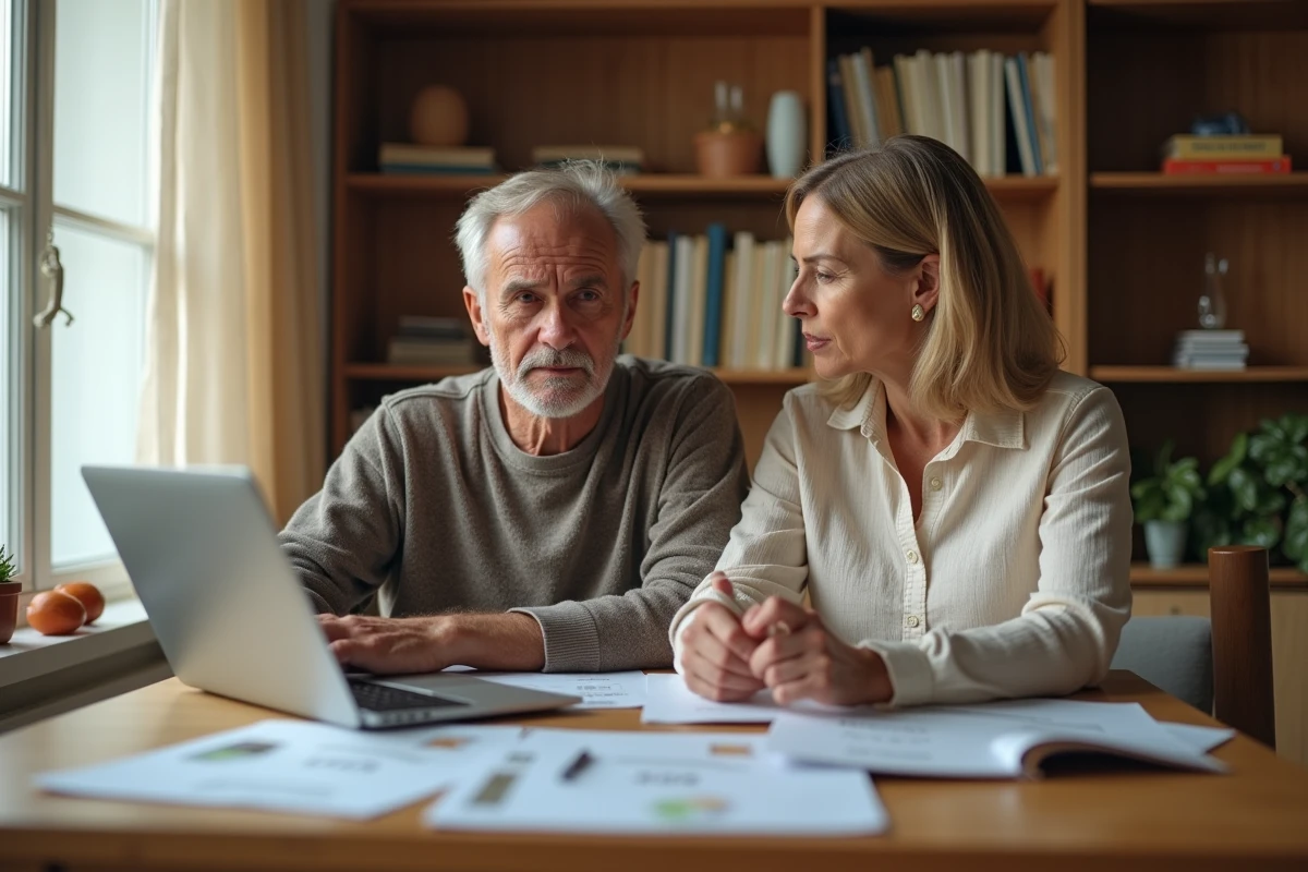 Un couple examinant des documents immobiliers après un refus de suspension de crédit par leur banque