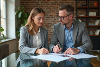Couple en réunion immobilière dans un intérieur lumineux