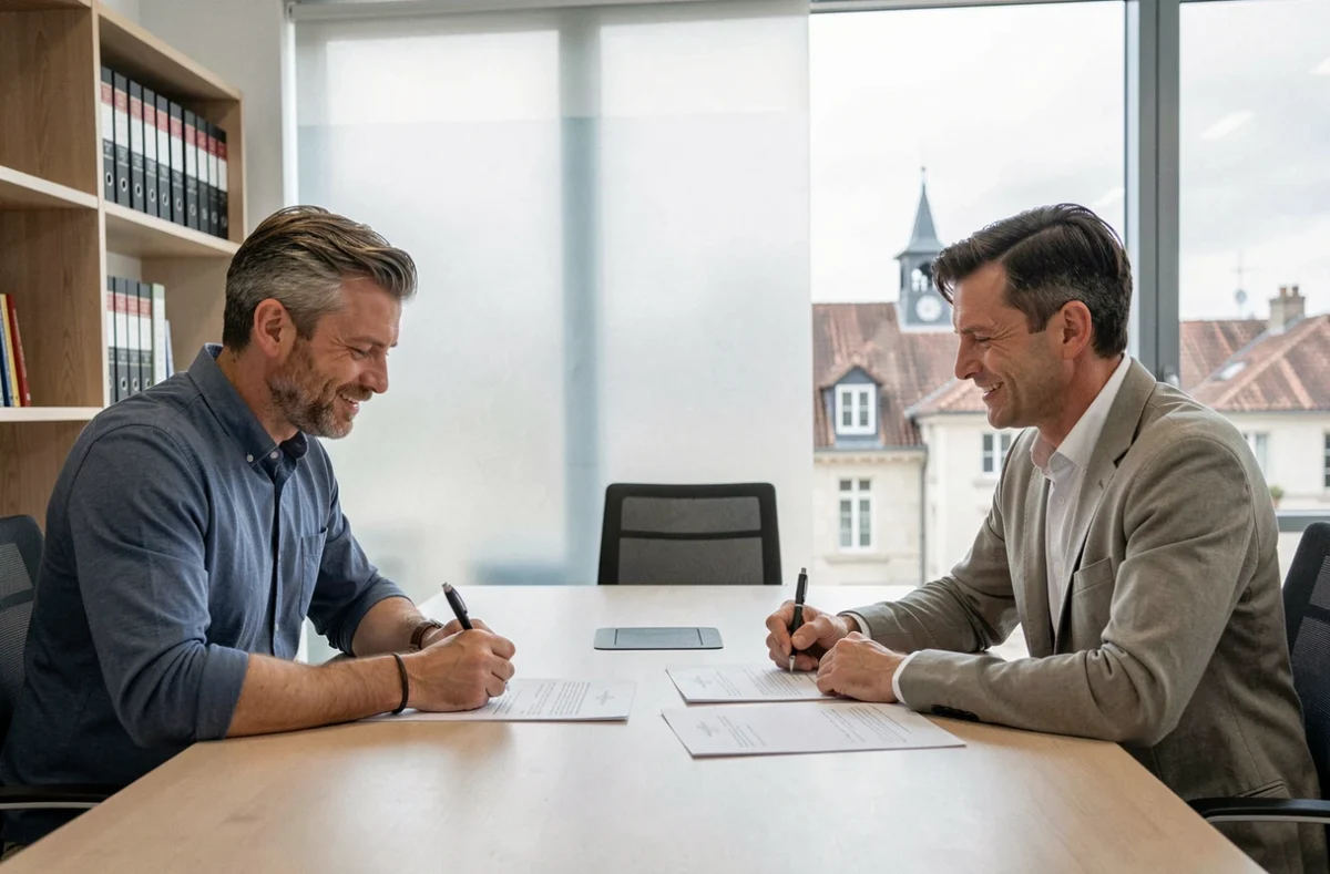 Couple signant un acte de vente immobilière chez un notaire à Limoges avec vue sur la ville