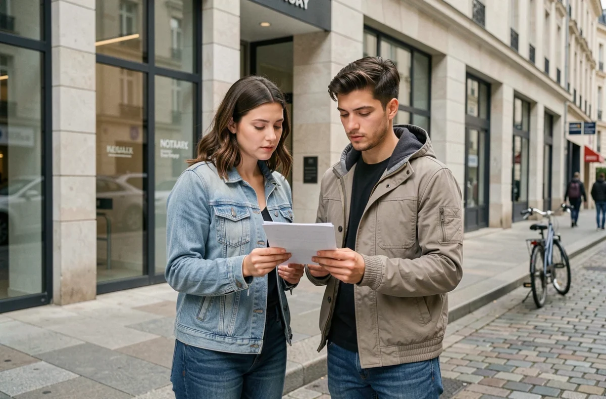 Jeune couple devant un cabinet notarial consultant leurs documents après un rendez-vous notaire gratuit dans une ville française