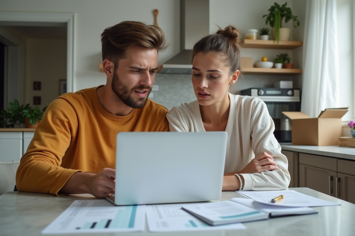 Jeune couple examinant une facture de déménagement à la cuisine