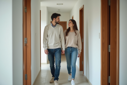 Jeune couple inspectant un appartement moderne en intérieur