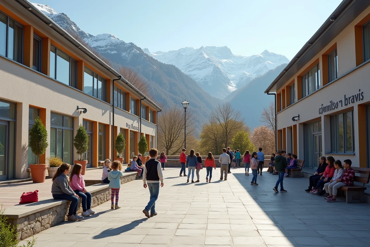 Cour d'école andorrane animée avec des enfants jouant et des sommets pyrénéens en arrière-plan