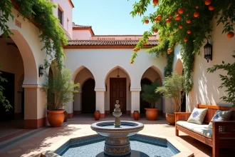 Cour intérieure d'un riad traditionnel à Marrakech avec fontaine en zellige, orangers et arches en stuc, idéal pour résidence secondaire familiale