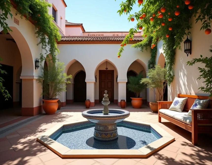 Cour intérieure d'un riad traditionnel à Marrakech avec fontaine en zellige, orangers et arches en stuc, idéal pour résidence secondaire familiale