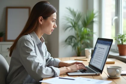 Femme créant un panneau de déclaration de travaux sur Word depuis son bureau à domicile