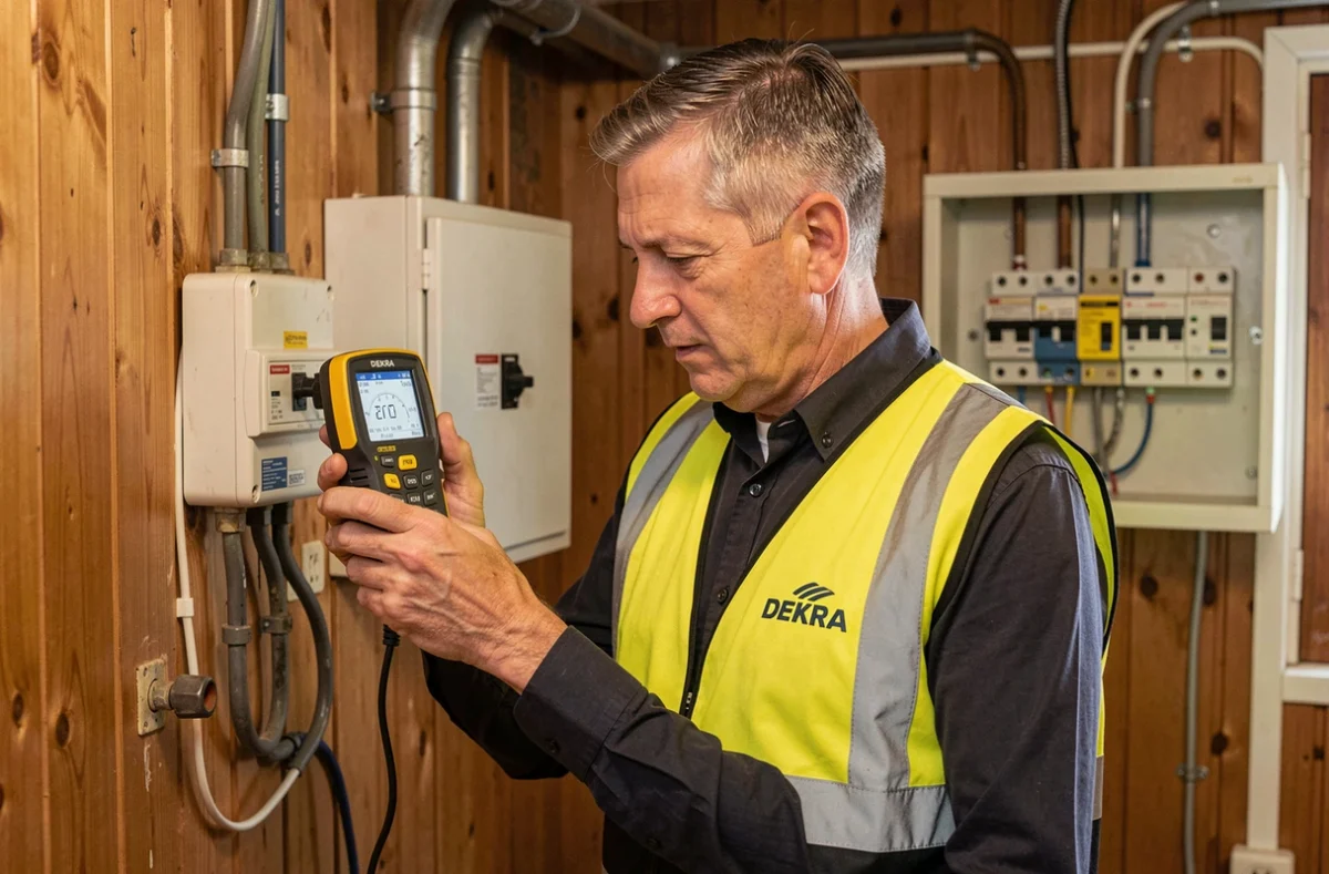 Inspecteur DEKRA Diagnostic Seine-et-Marne contrôlant une installation électrique ancienne avec appareil de mesure numérique