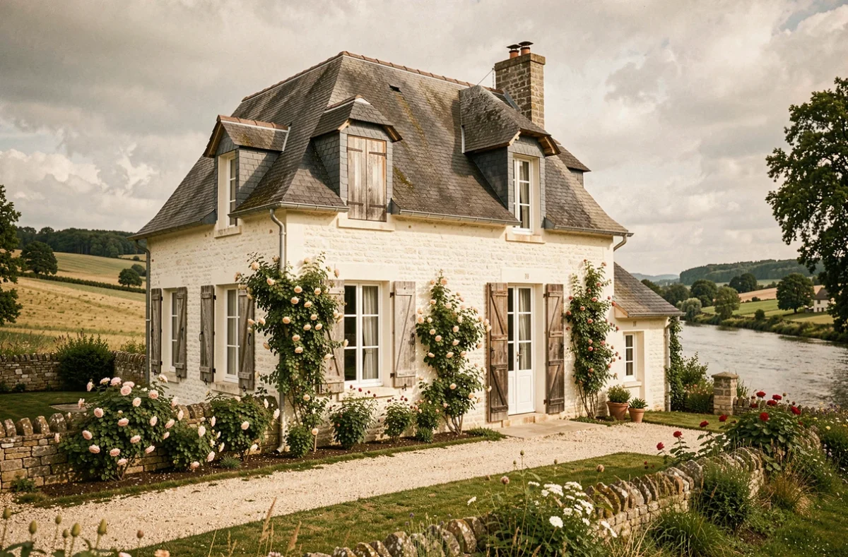 Demeure de la Loire en pierre de taille avec lucarnes ardoise et rosiers grimpants dans la campagne de l'Indre