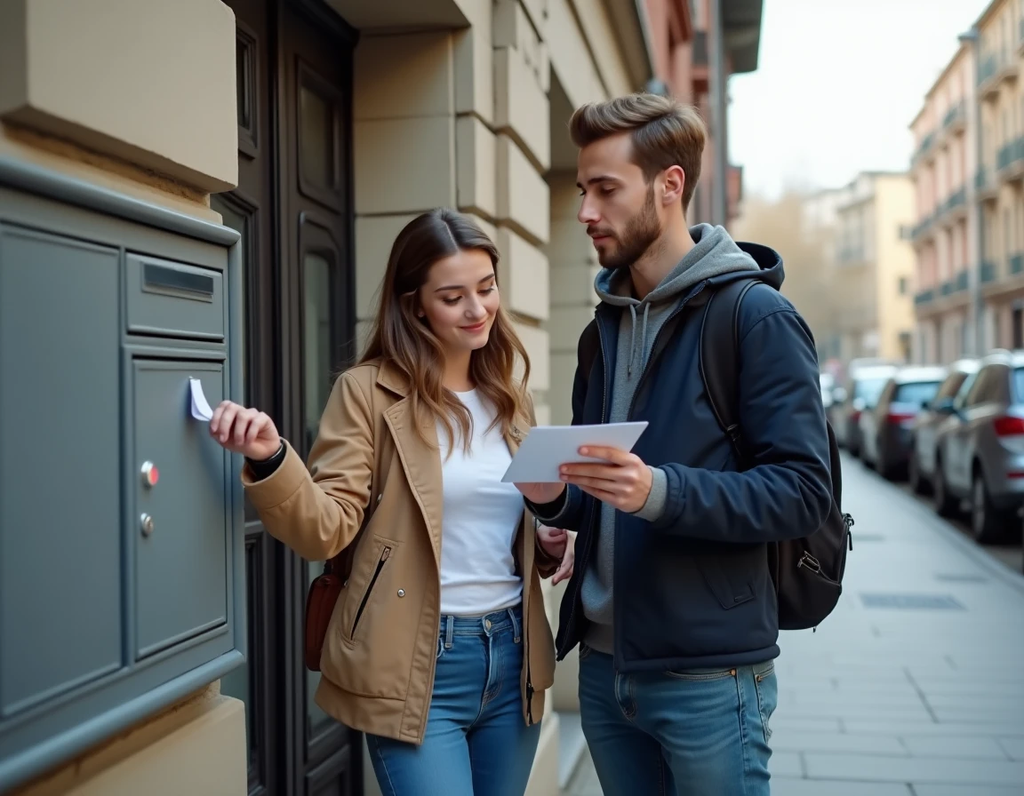 Couple déposant une lettre de préavis de location d'un mois dans une boîte aux lettres