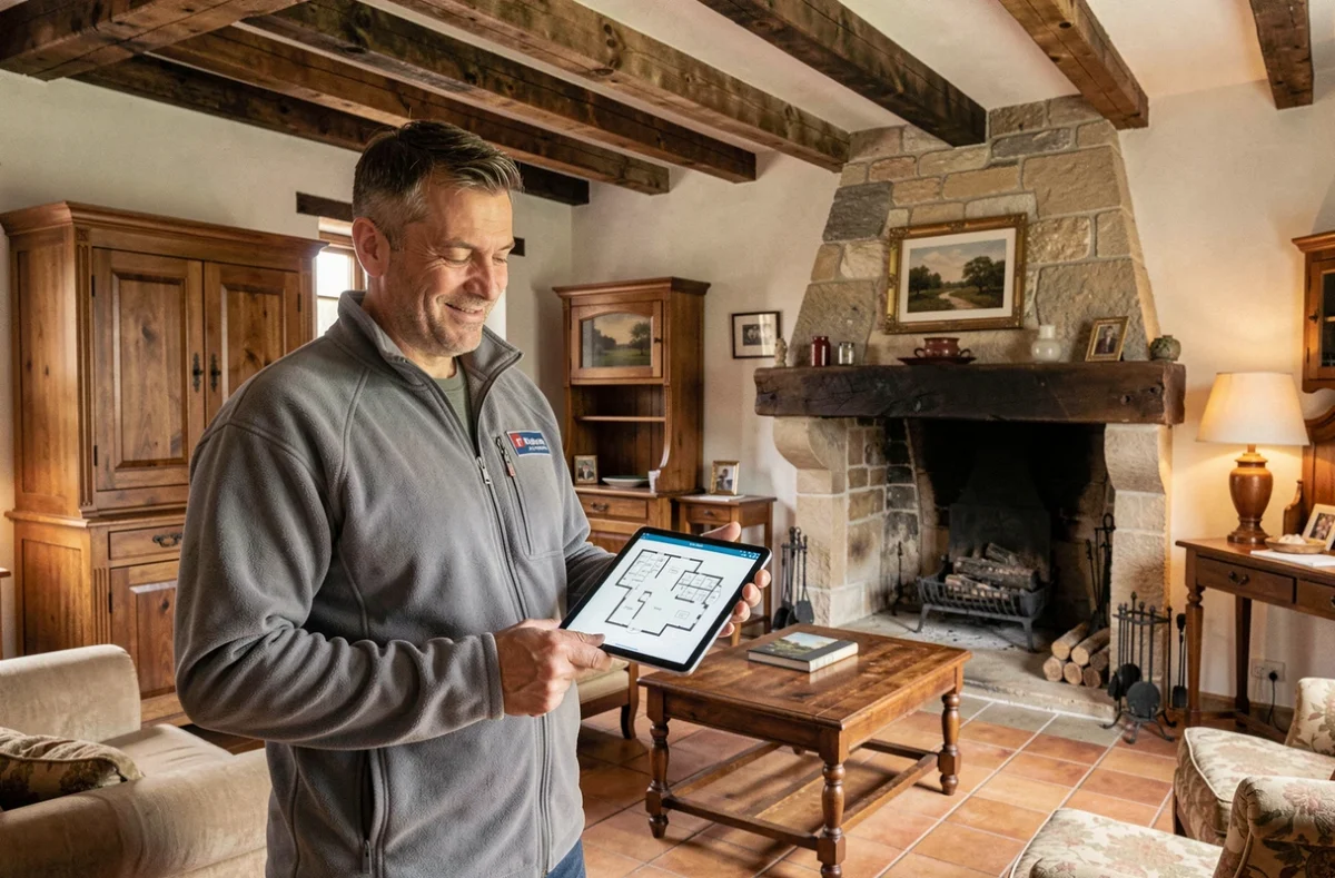 Diagnostiqueur Diag Précision 77 consultant un plan sur tablette dans le salon d'une maison ancienne