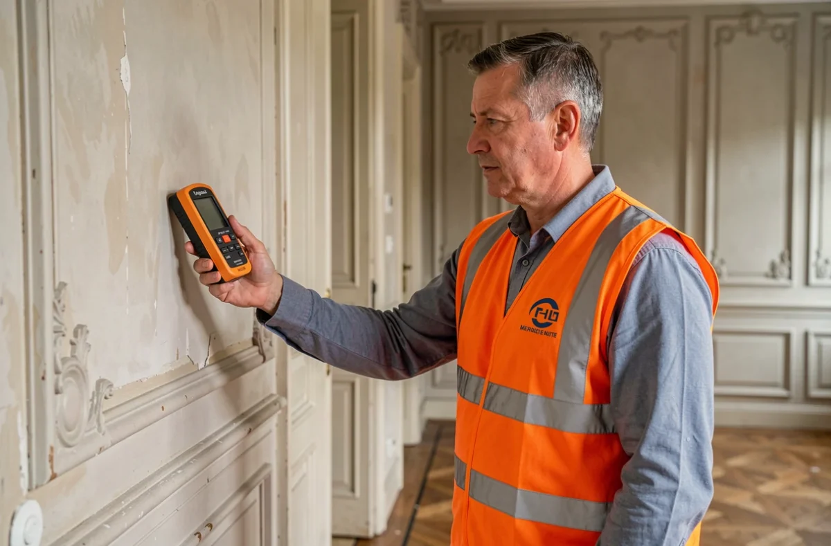 Diagnostiqueur Diagamter Melun utilisant un détecteur de plomb sur le mur d'un appartement ancien à Melun