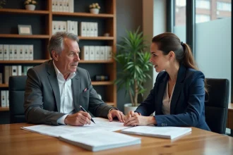 Bailleur et locataire examinant les diagnostics d'un bail commercial dans un bureau notarial