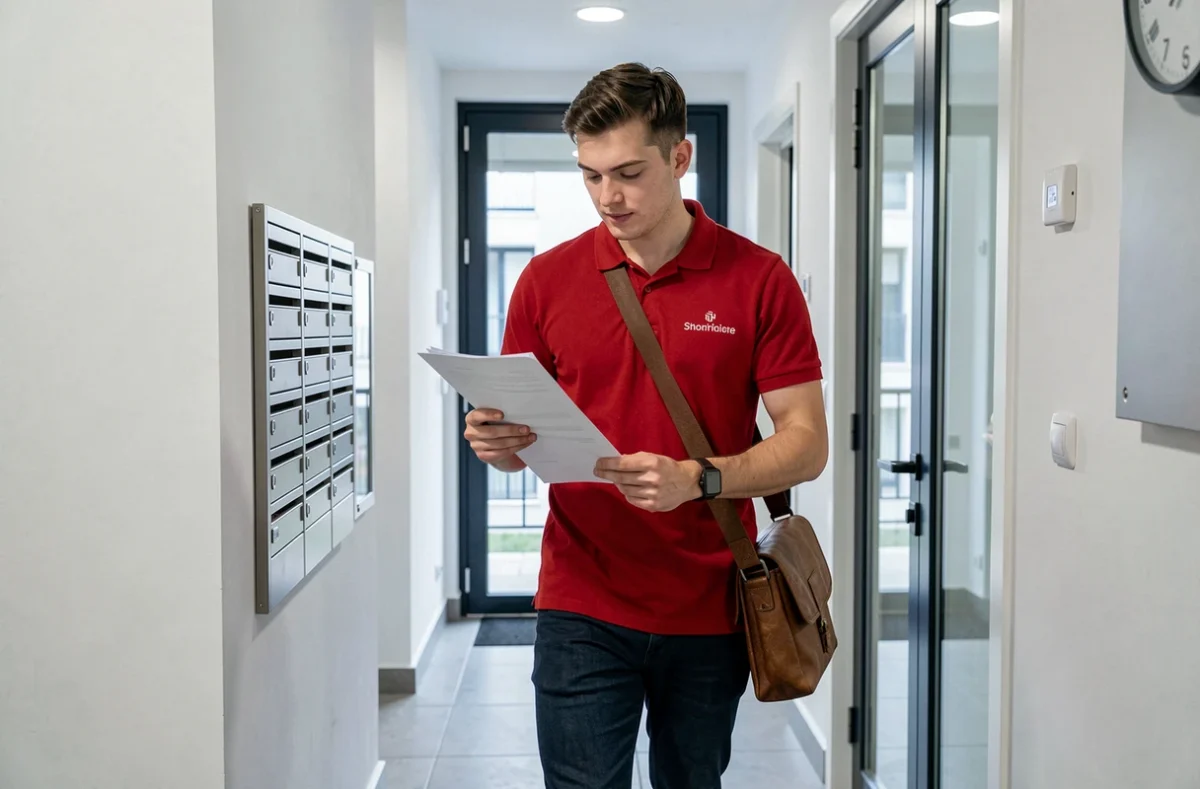 Diagnostiqueur Diagnostic Immobilier Express 77 marchant rapidement dans le couloir d'une résidence moderne avec documents