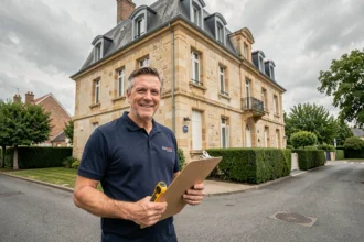 Diagnostiqueur immobilier professionnel devant une maison en Seine-et-Marne tenant un clipboard et équipement de mesure
