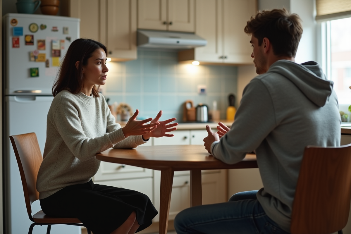 Femme inquiète et jeune homme dans une cuisine moderne
